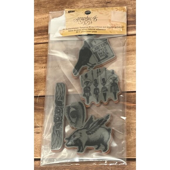 Graphic 45 Curiosity Shoppe Rubber Stamps Set OF 6 RARE ODDITIES FLYING PIG EYE - Picture 5 of 5